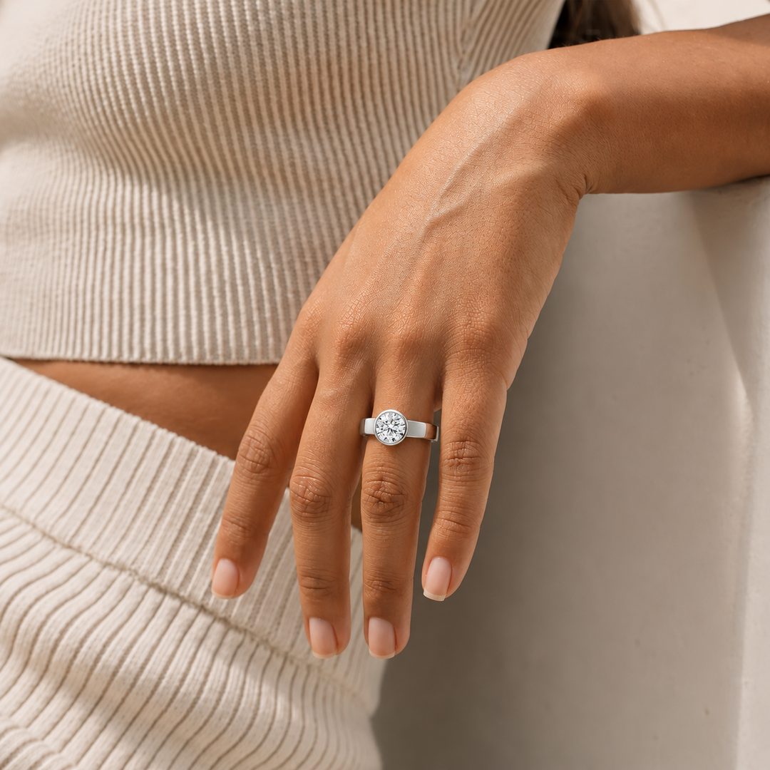 4mm Cigar band Bezel set Solitaire Ring in Silver