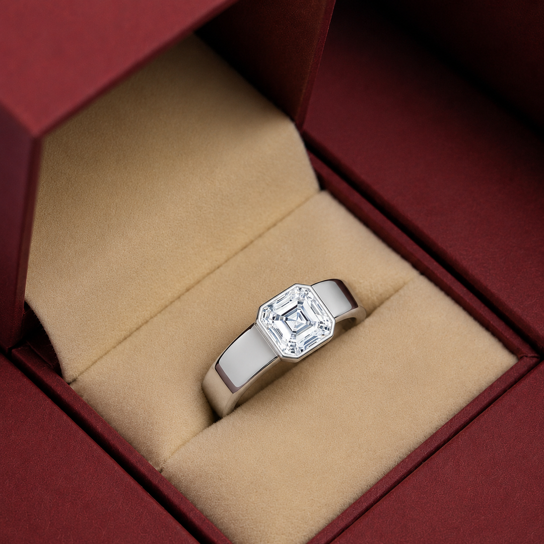 4mm Cigar band Bezel set Solitaire Ring in White Gold