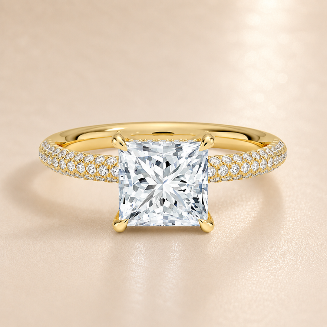 Micro Pave band Solitaire Ring in Yellow Gold