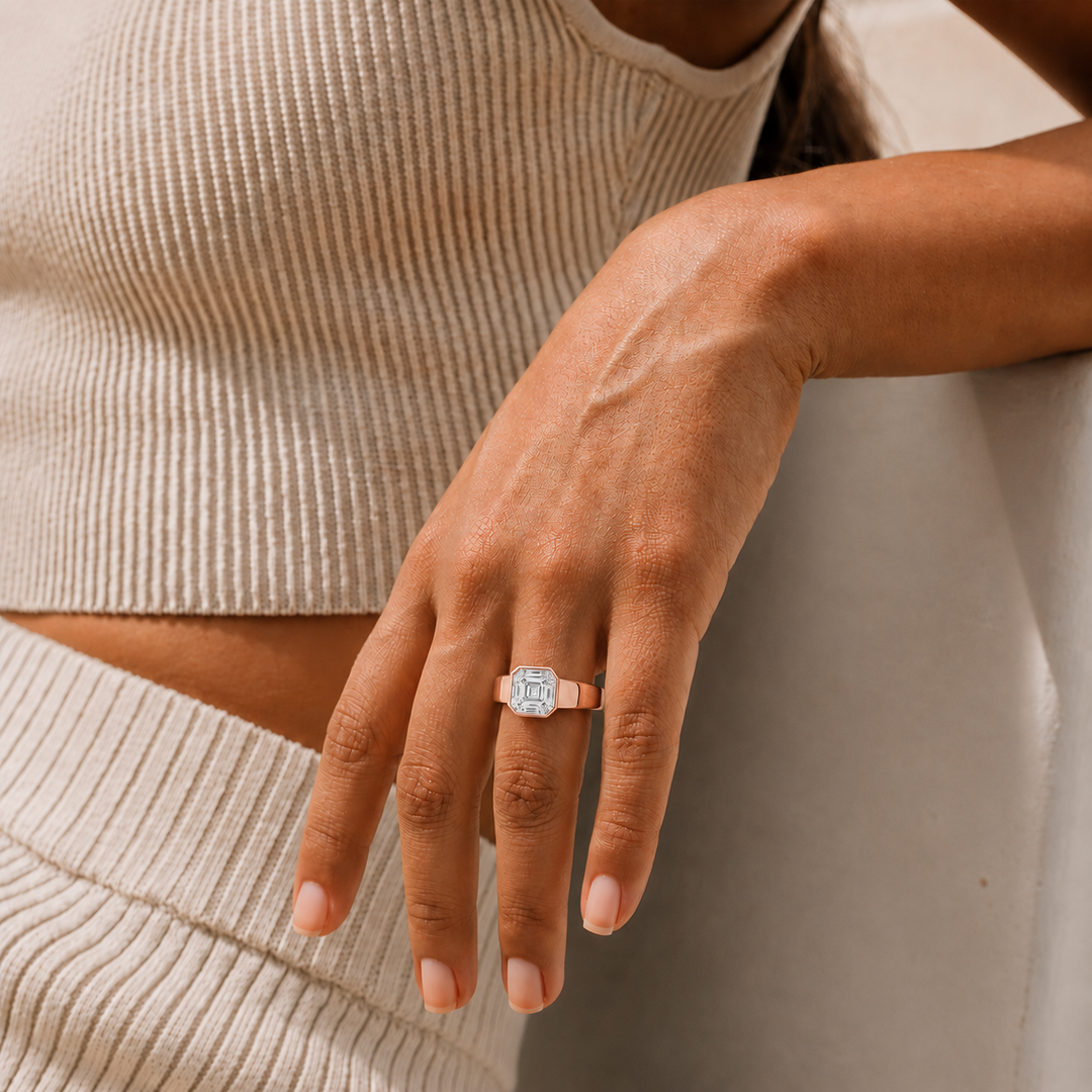 4mm Cigar band Bezel set Solitaire Ring in Rose Gold