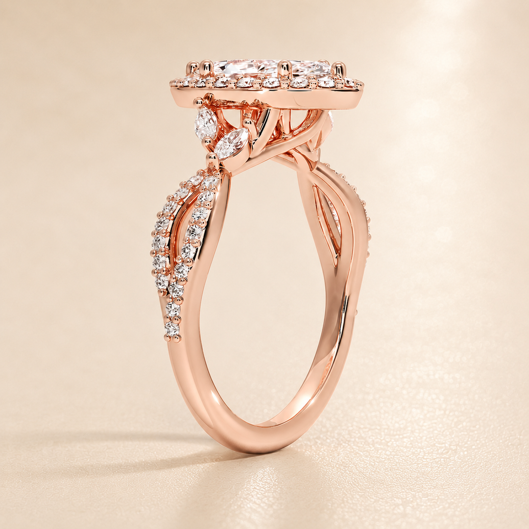 Vine band Halo Diamond Ring in Rose Gold