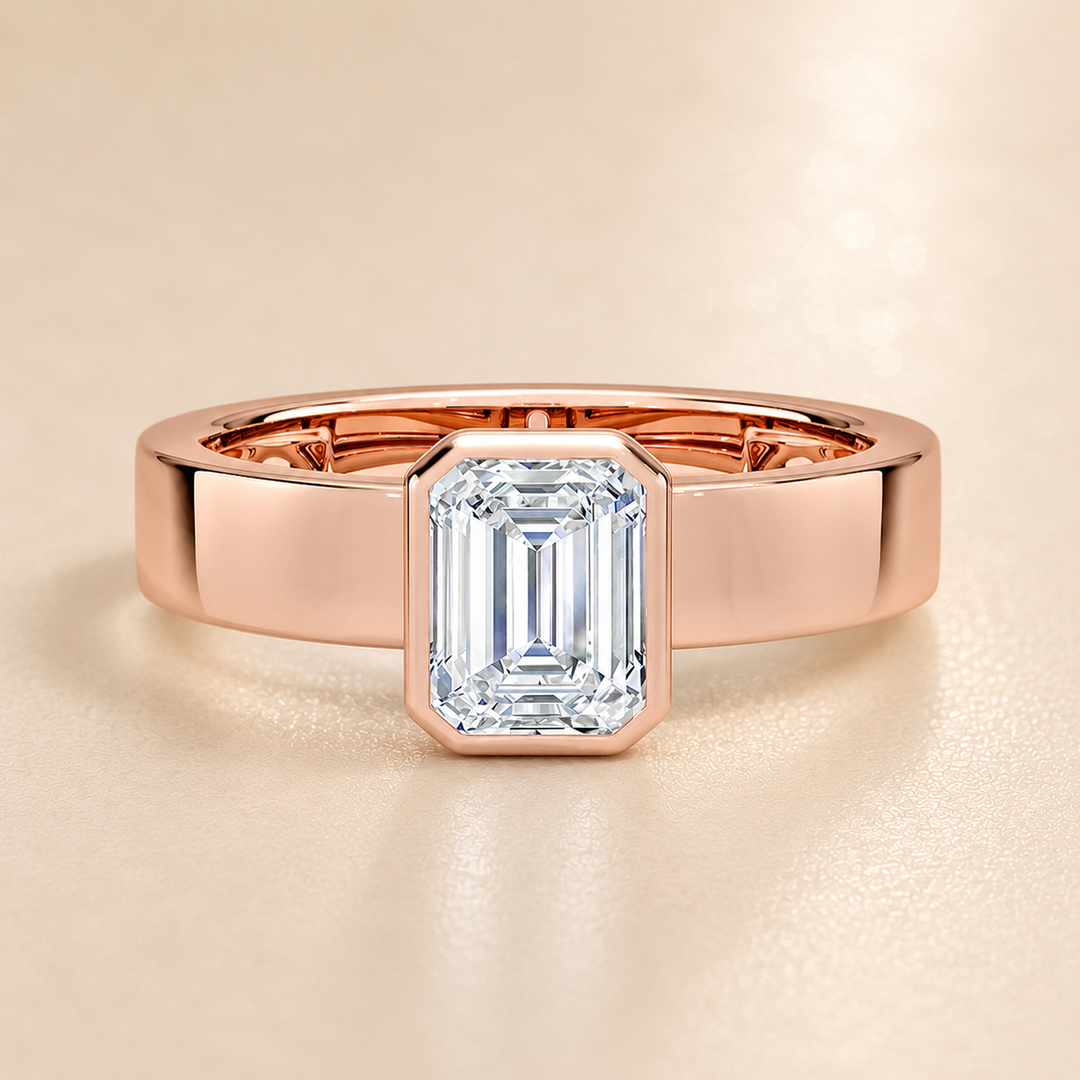 4mm Cigar band Bezel set Solitaire Ring in Rose Gold