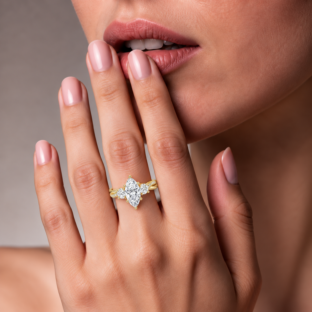 Twisted Vine Band Three Stone Ring in Yellow Gold