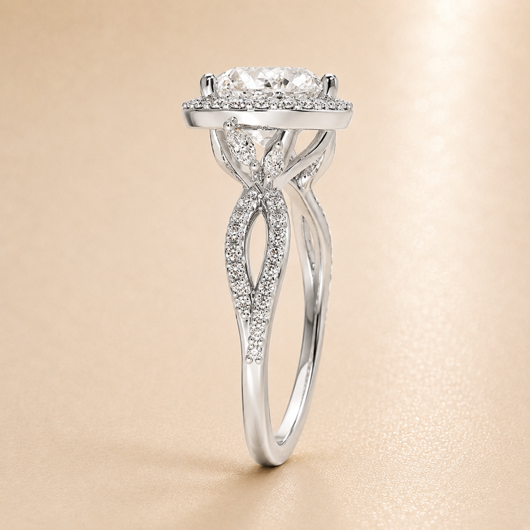 Vine band Halo Diamond Ring in Silver
