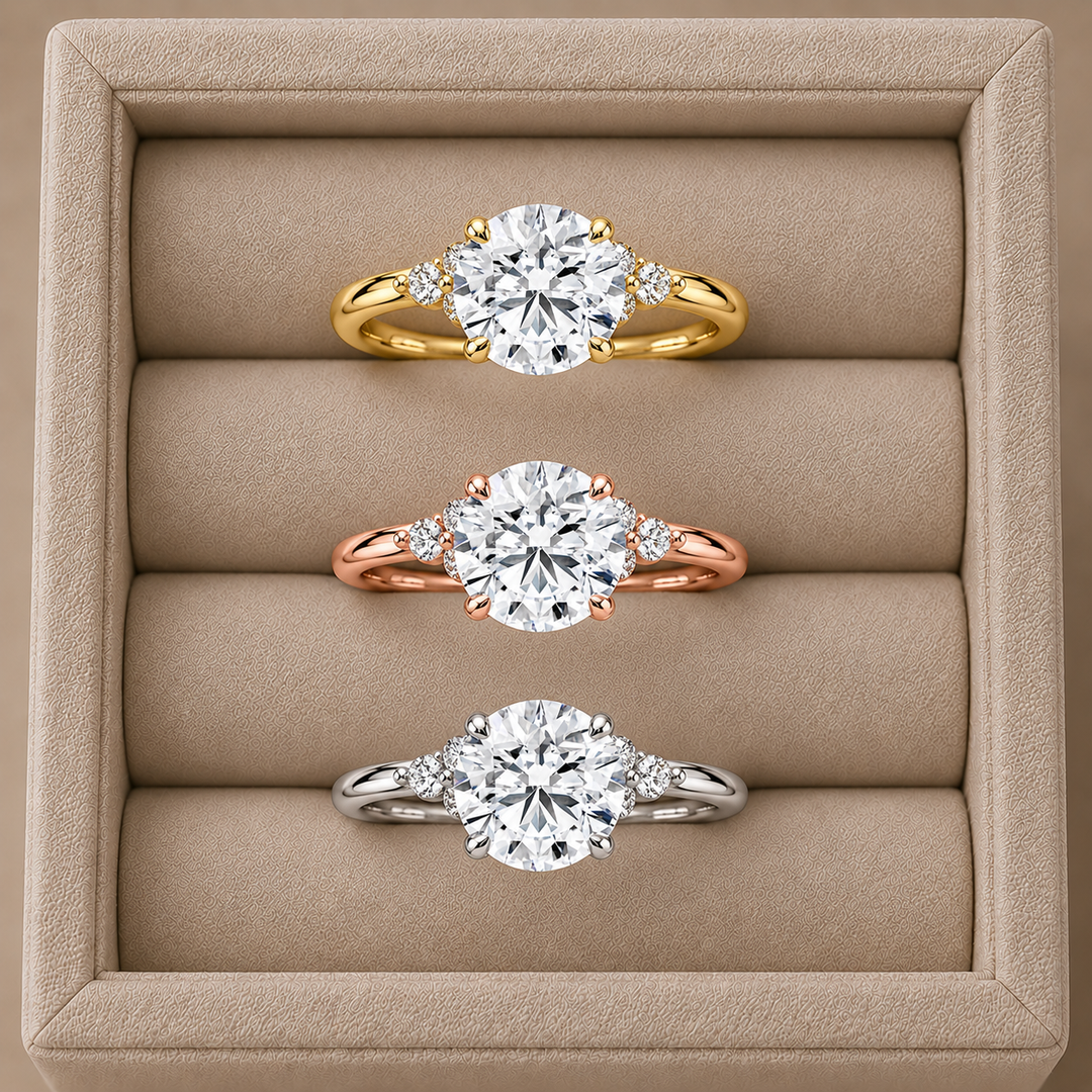 Six round accent diamonds Three Stone Ring in Silver