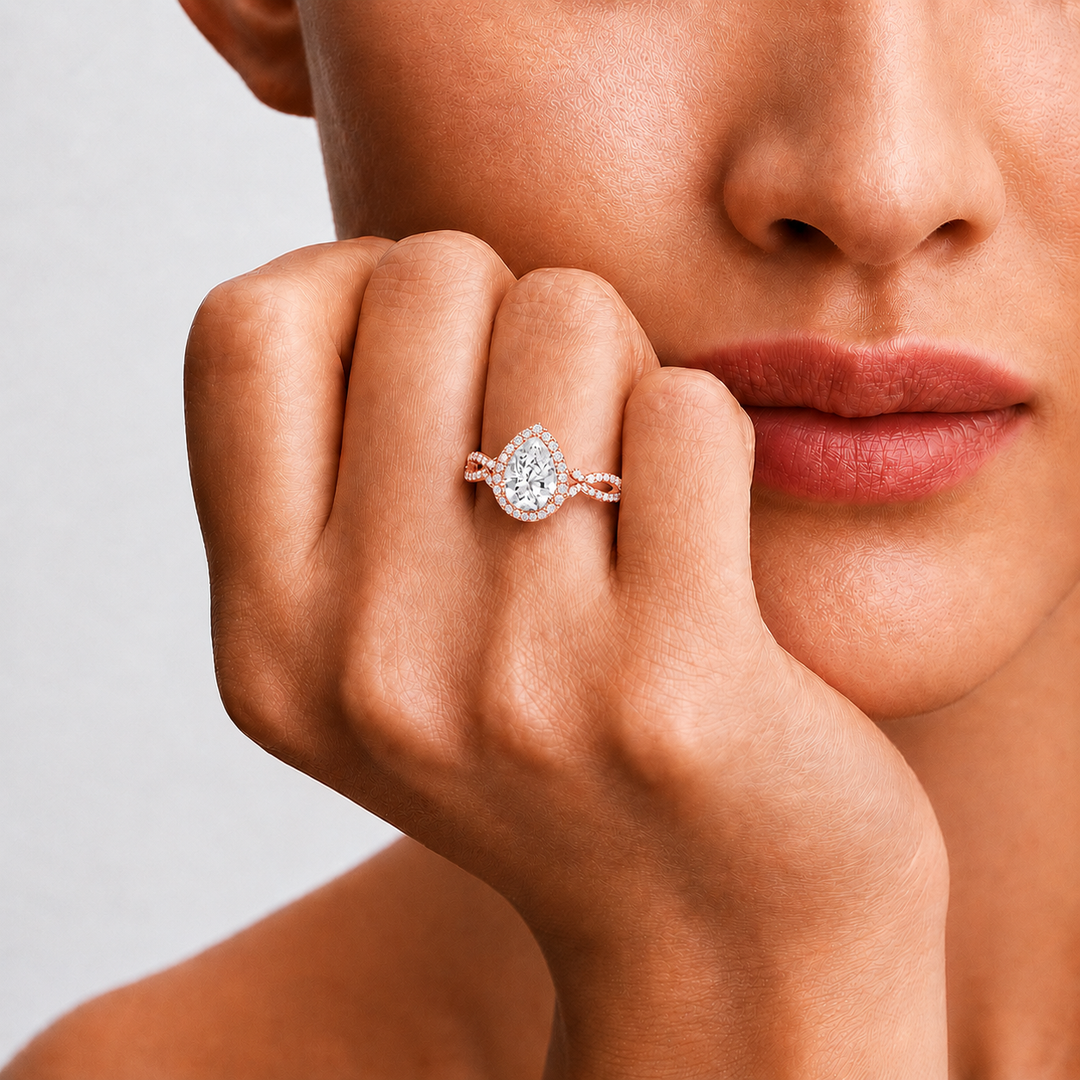 Vine band Halo Diamond Ring in Rose Gold