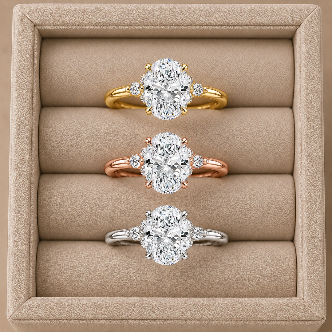 Six round accent diamonds Three Stone Ring in Silver