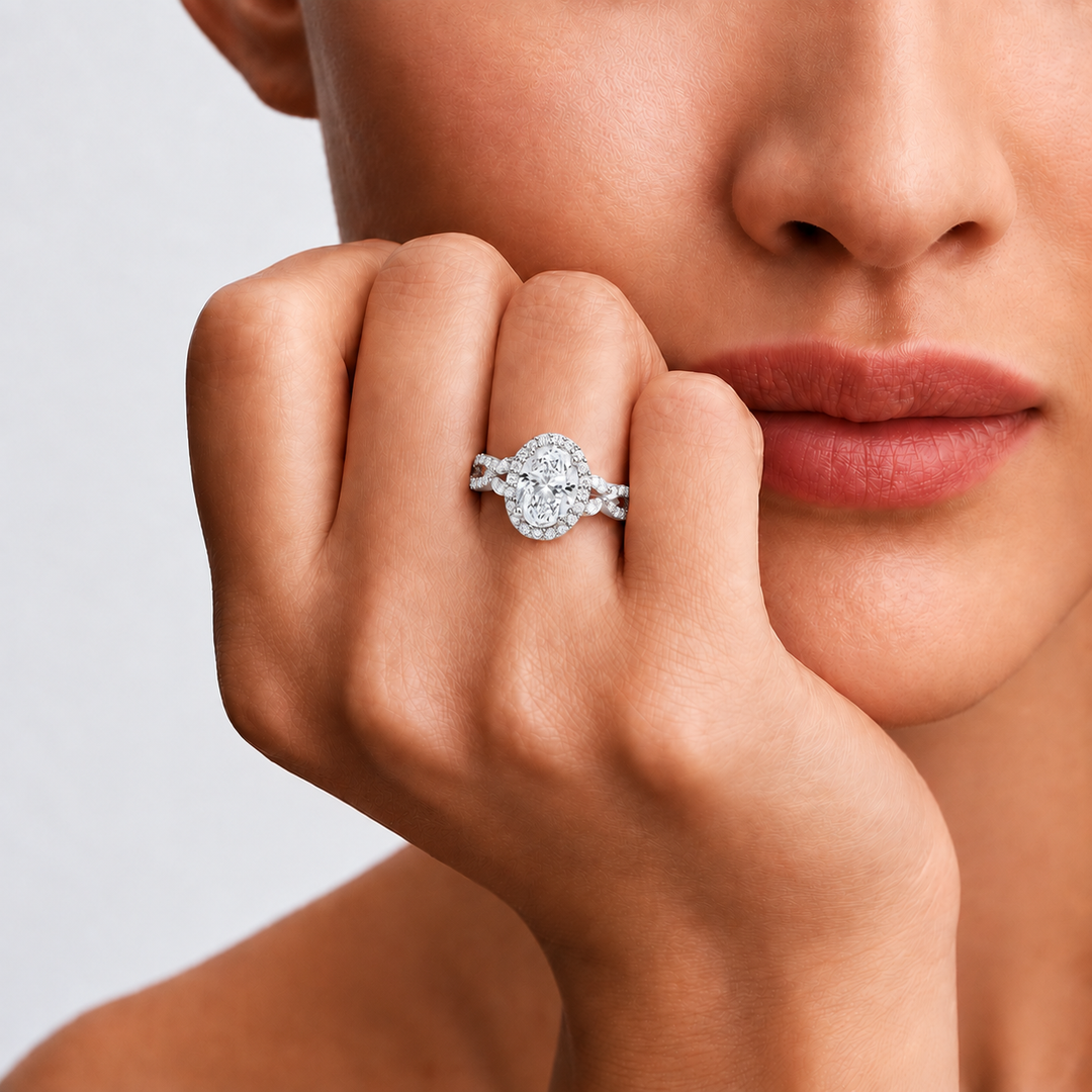 Vine band Halo Diamond Ring in Silver