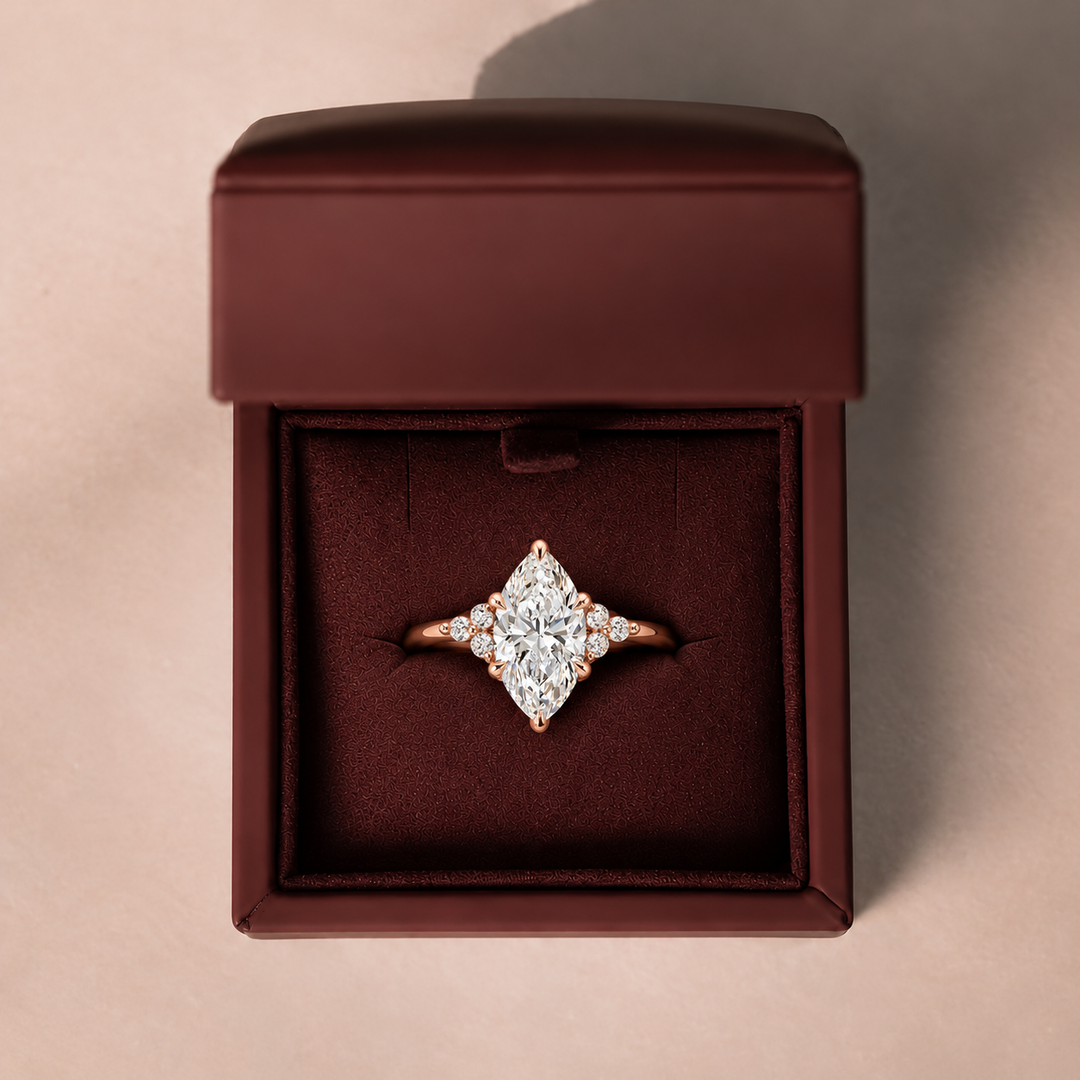 Six round accent diamonds Three Stone Ring in Rose Gold