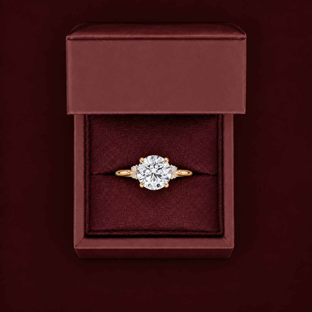 Six round accent diamonds Three Stone Ring in Yellow Gold