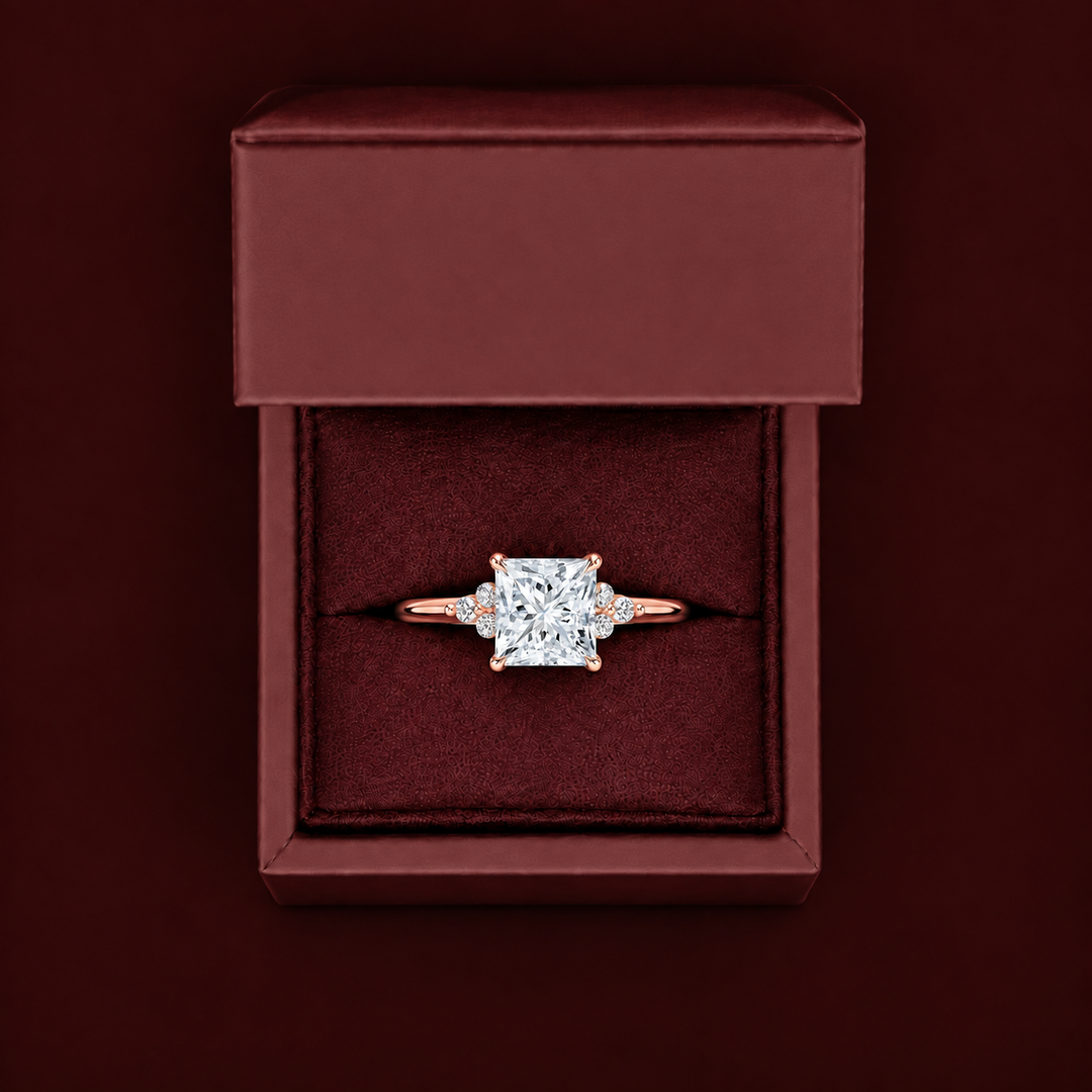 Six round accent diamonds Three Stone Ring in Rose Gold