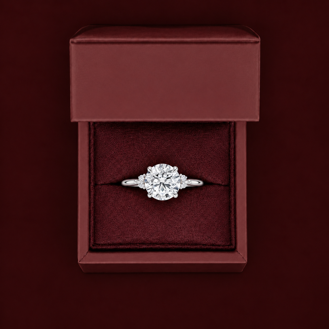Six round accent diamonds Three Stone Ring in Silver
