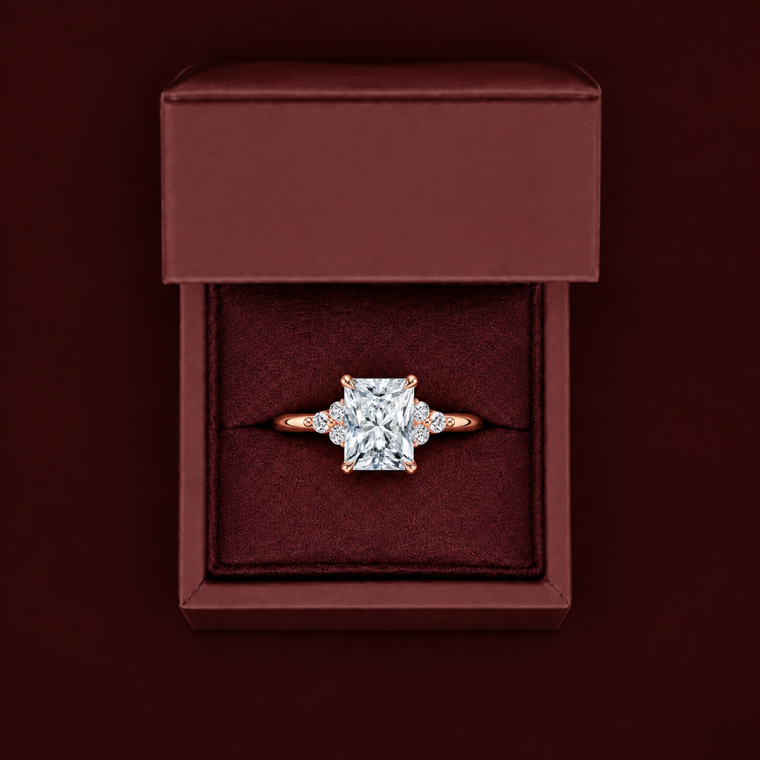 Six round accent diamonds Three Stone Ring in Rose Gold