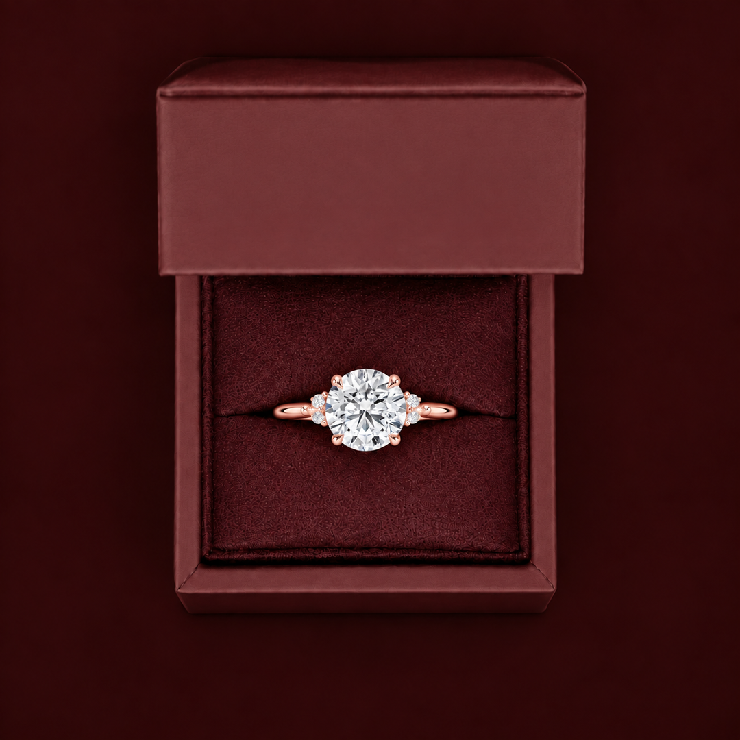 Six round accent diamonds Three Stone Ring in Rose Gold