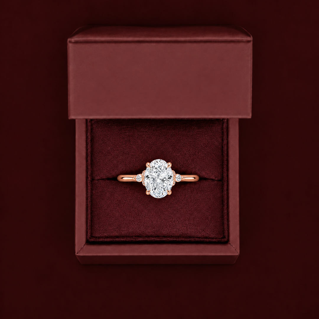 Six round accent diamonds Three Stone Ring in Rose Gold