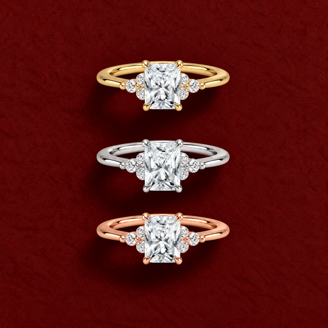 Six round accent diamonds Three Stone Ring in Silver