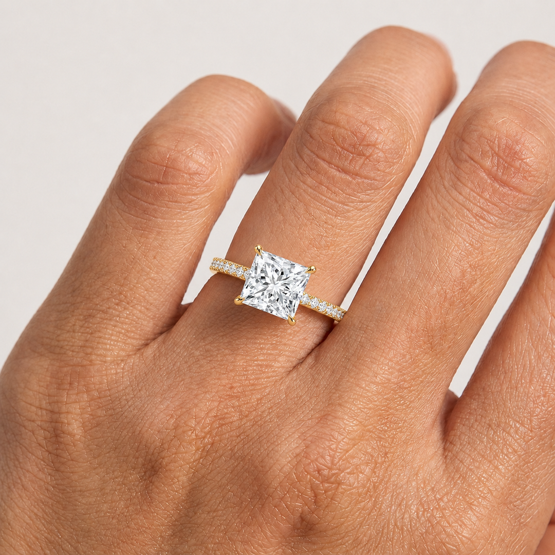 Pave Hidden Halo Solitaire Diamond Ring in Yellow Gold