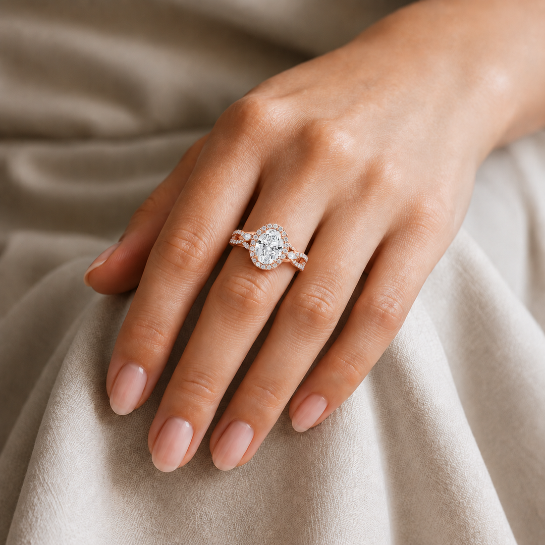 Vine band Halo Diamond Ring in Rose Gold