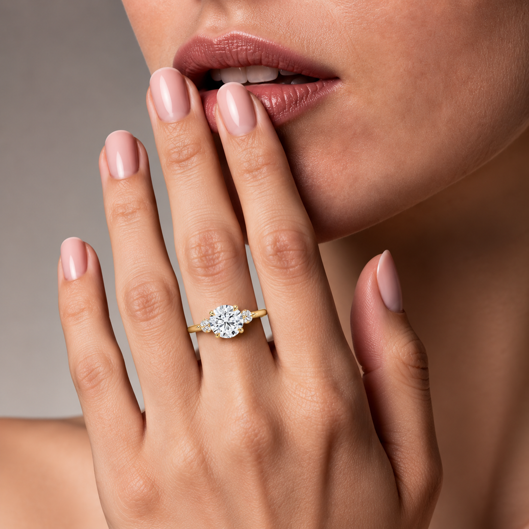 Six round accent diamonds Three Stone Ring in Yellow Gold
