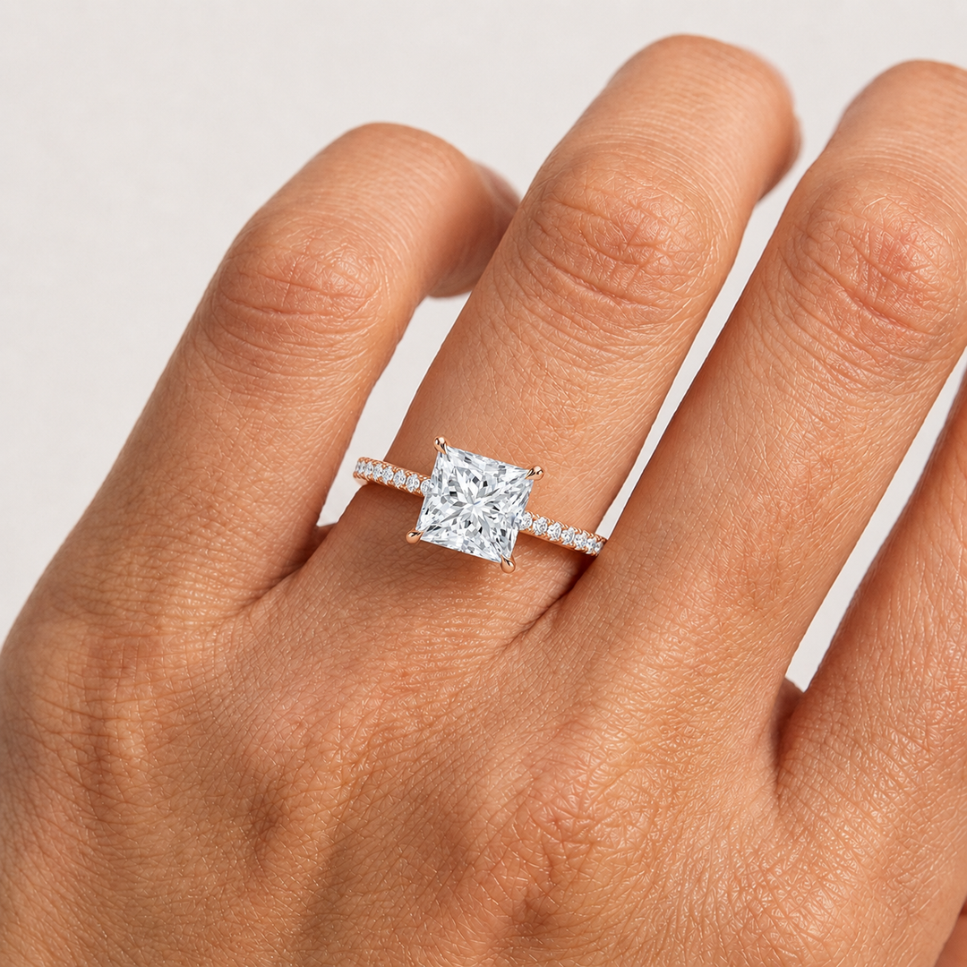 Pave Hidden Halo Solitaire Diamond Ring in Rose Gold