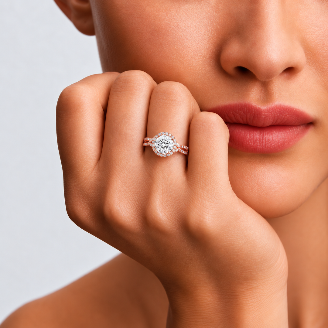 Vine band Halo Diamond Ring in Rose Gold