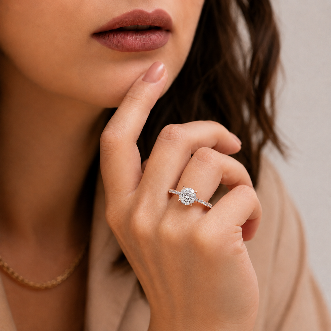 Pave Hidden Halo Solitaire Diamond Ring in Rose Gold
