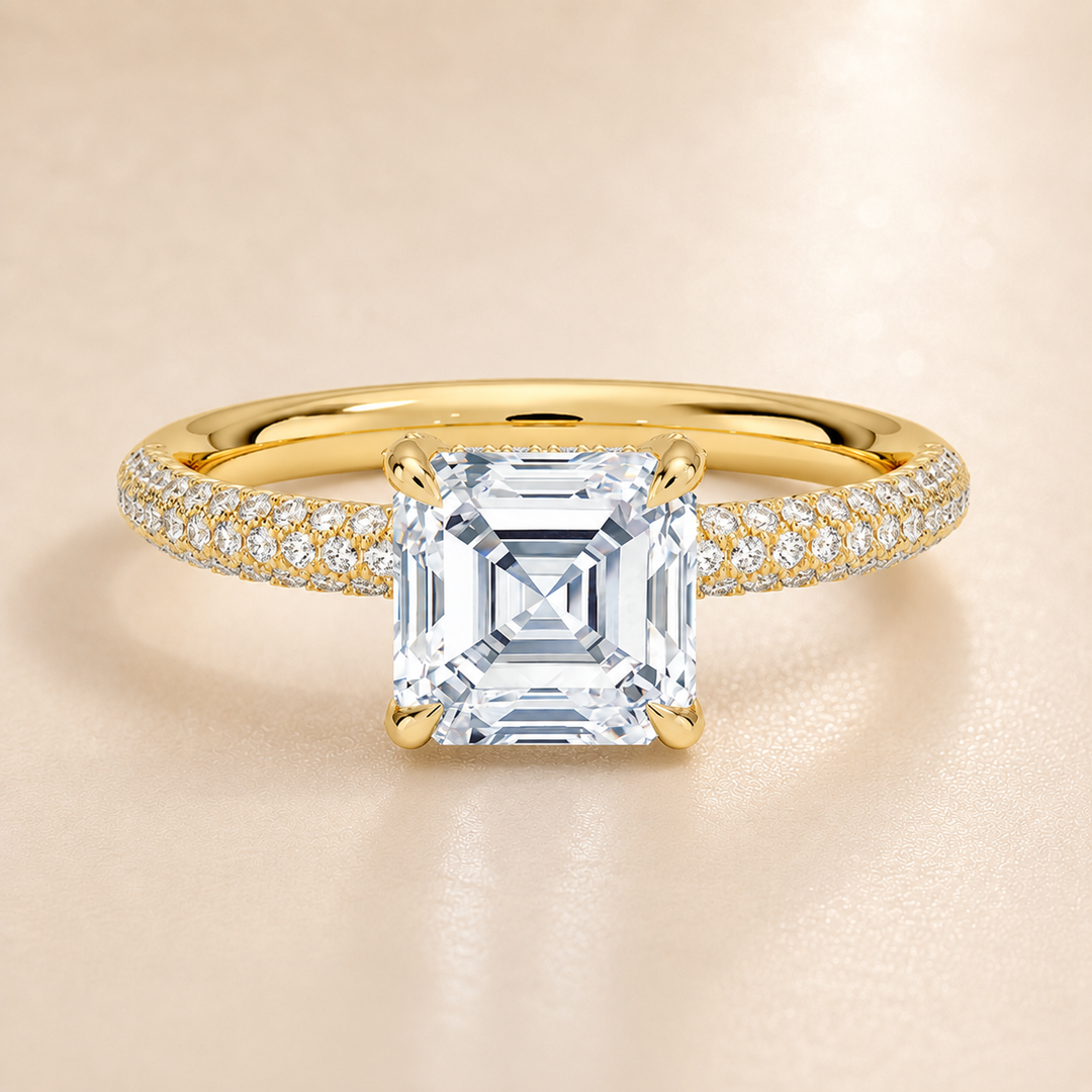 Micro Pave band Solitaire Ring in Yellow Gold