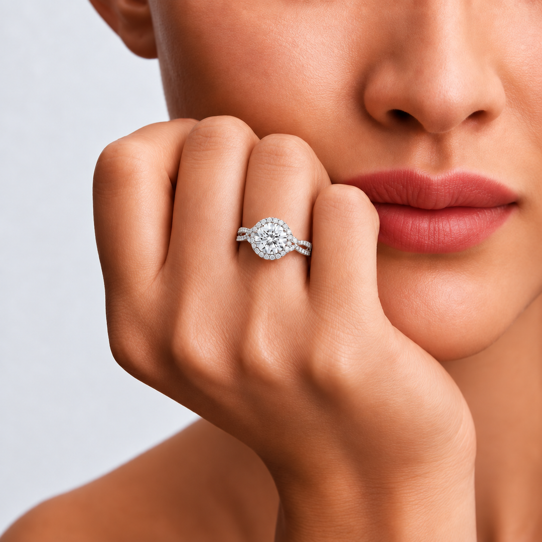 Vine band Halo Diamond Ring in Silver