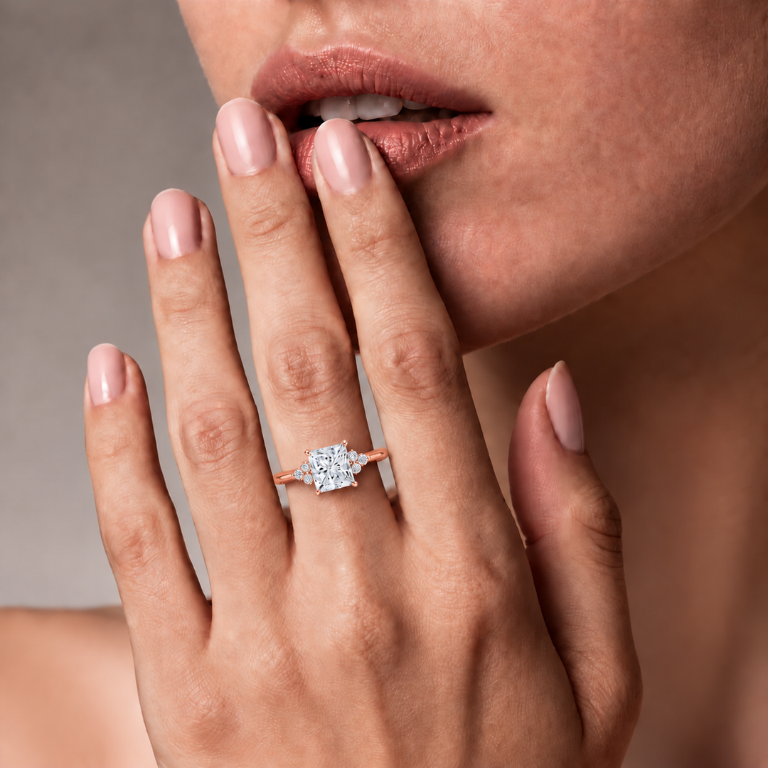 Six round accent diamonds Three Stone Ring in Rose Gold