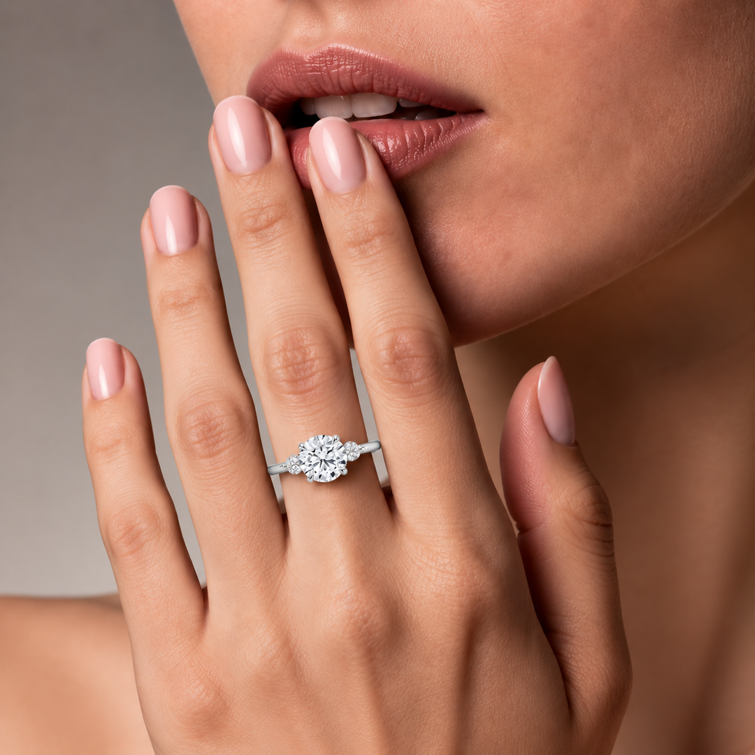 Six round accent diamonds Three Stone Ring in Silver