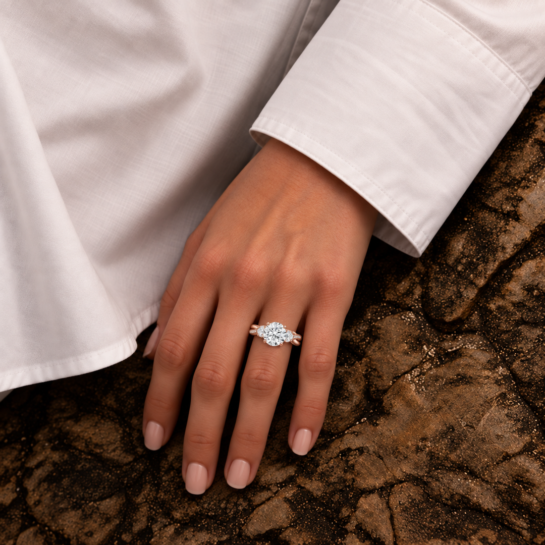 Twisted Vine Band Three Stone Ring in Rose Gold