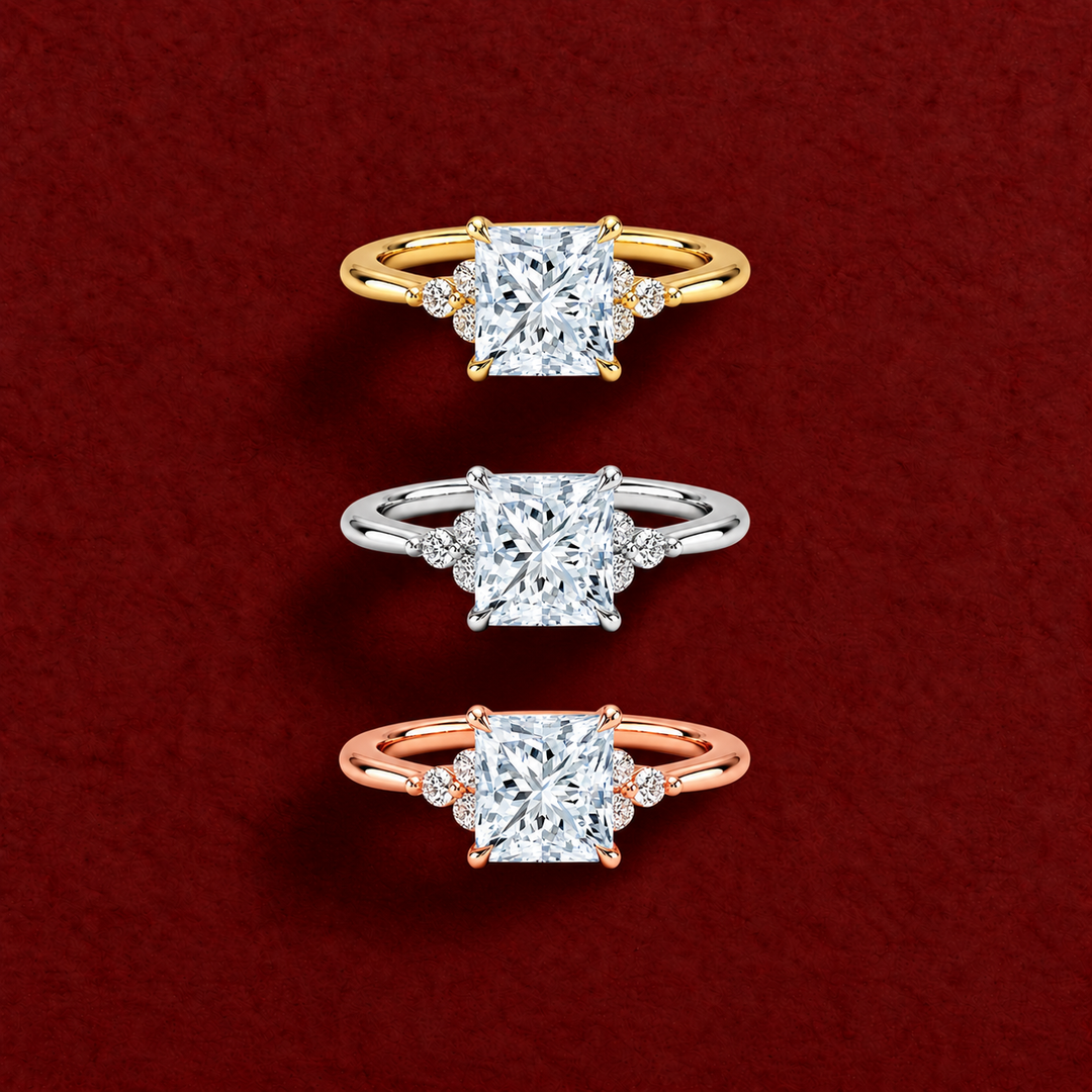 Six round accent diamonds Three Stone Ring in Yellow Gold