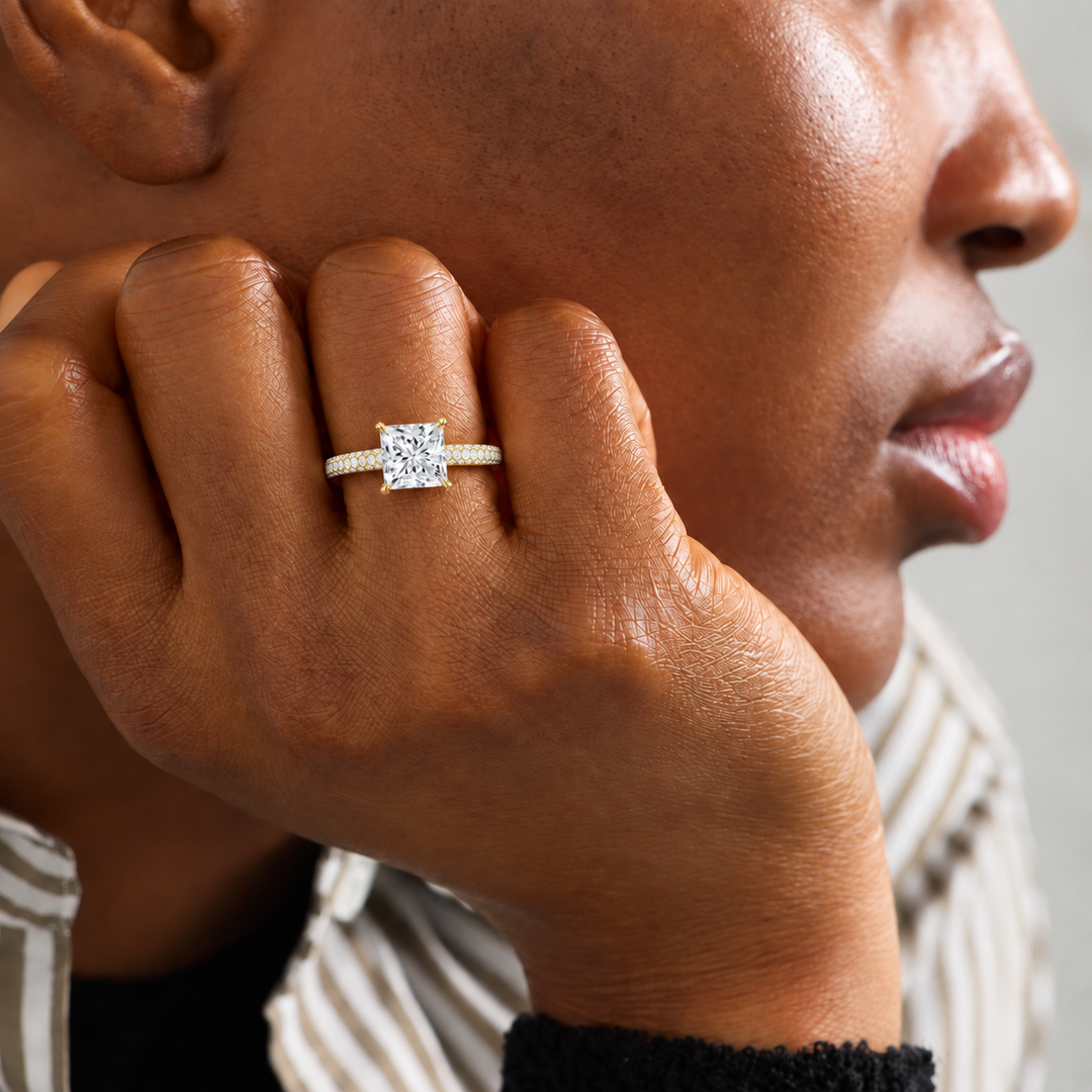 Micro Pave band Solitaire Ring in Yellow Gold