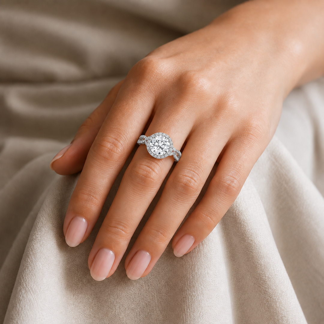 Vine band Halo Diamond Ring in Silver
