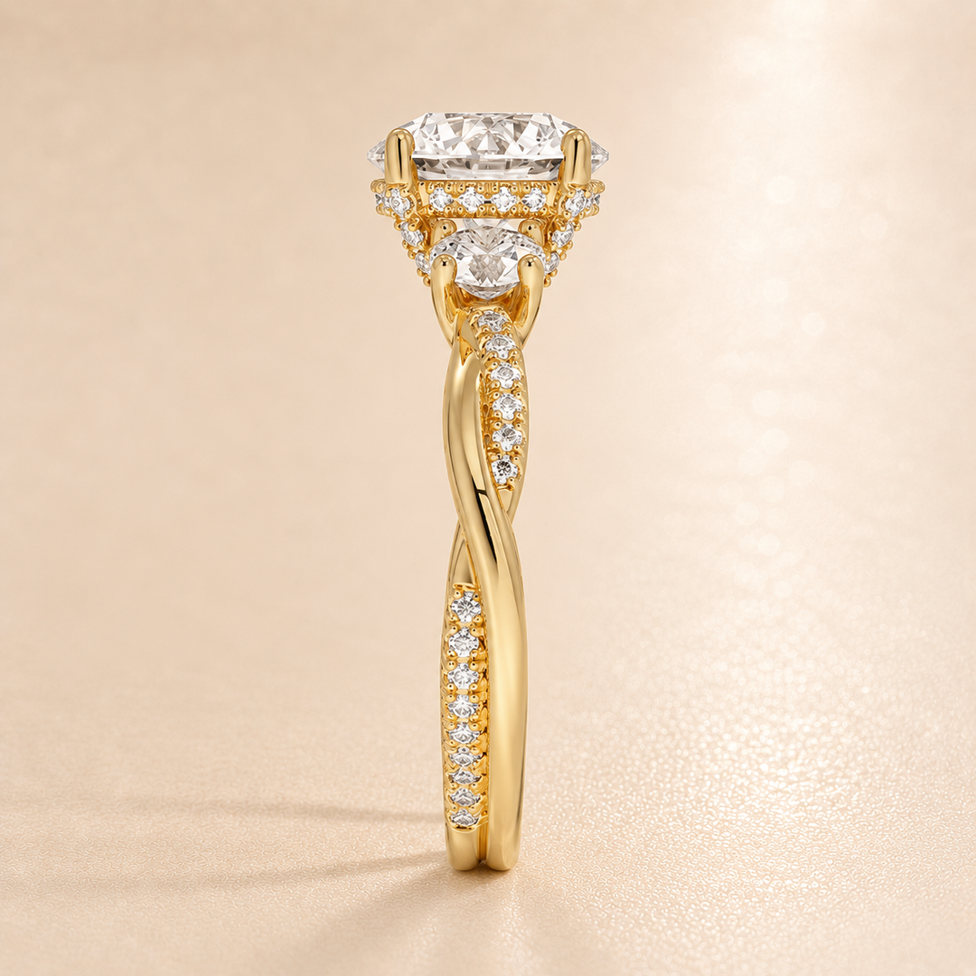 Twisted Vine Band Three Stone Ring in Yellow Gold