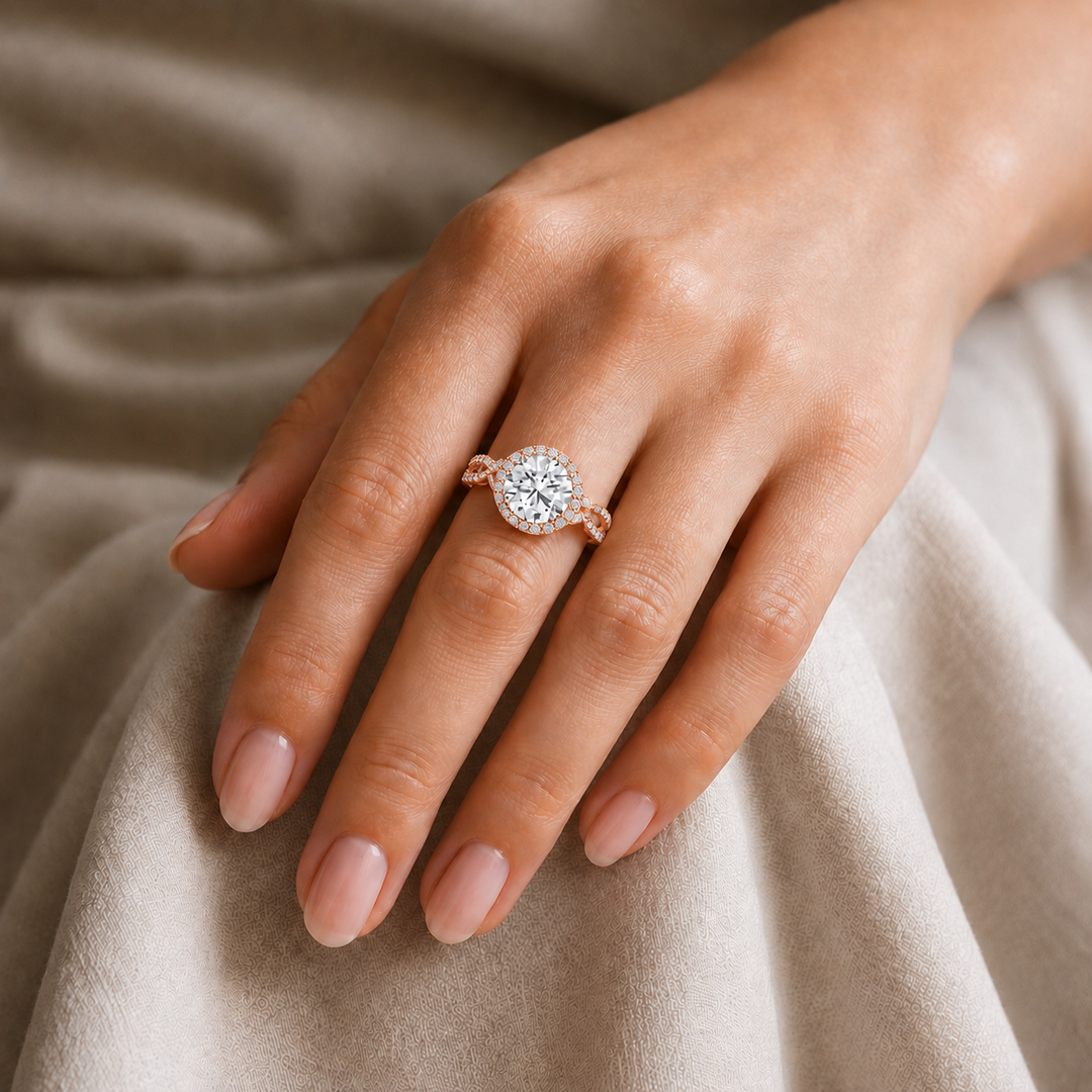 Vine band Halo Diamond Ring in Rose Gold