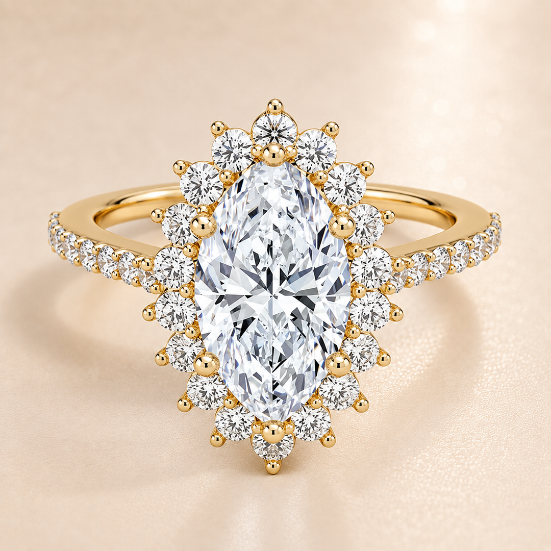 Sunburst Halo Diamond Ring in Yellow Gold