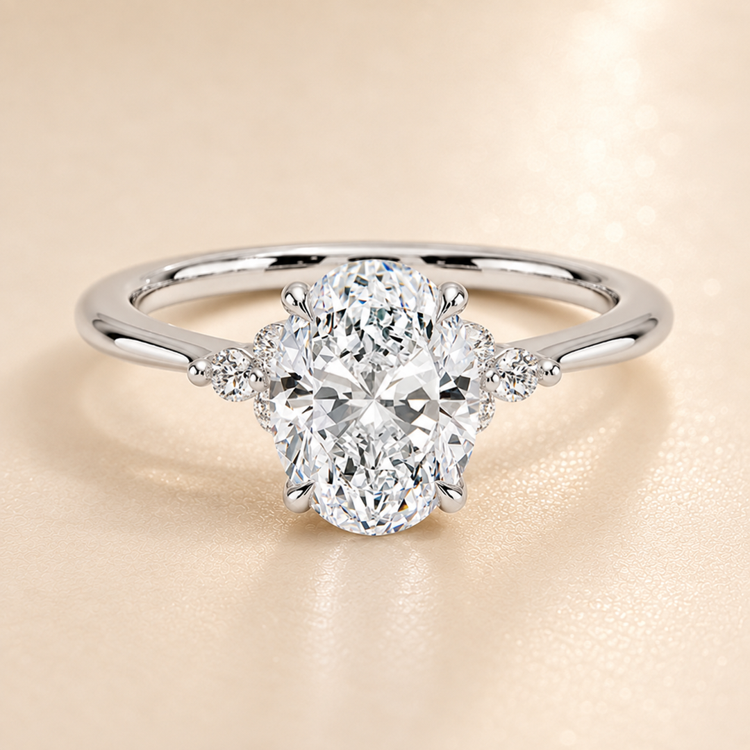Six round accent diamonds Three Stone Ring in Silver