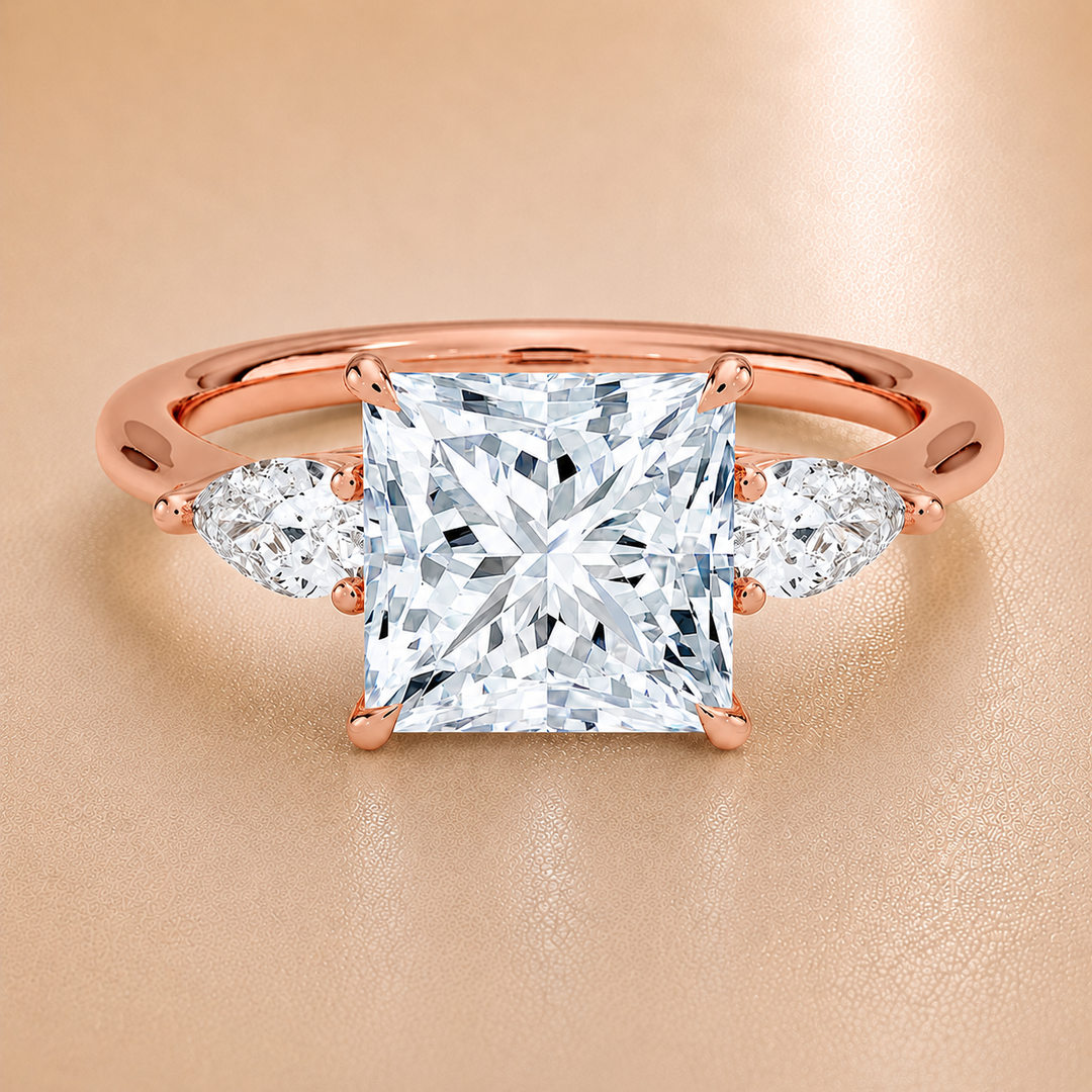 Pear Triology Princess Engagement Ring in Rose Gold