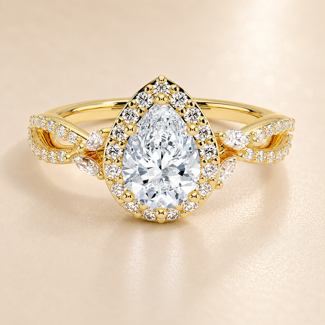 Vine band Halo Diamond Ring in Yellow Gold