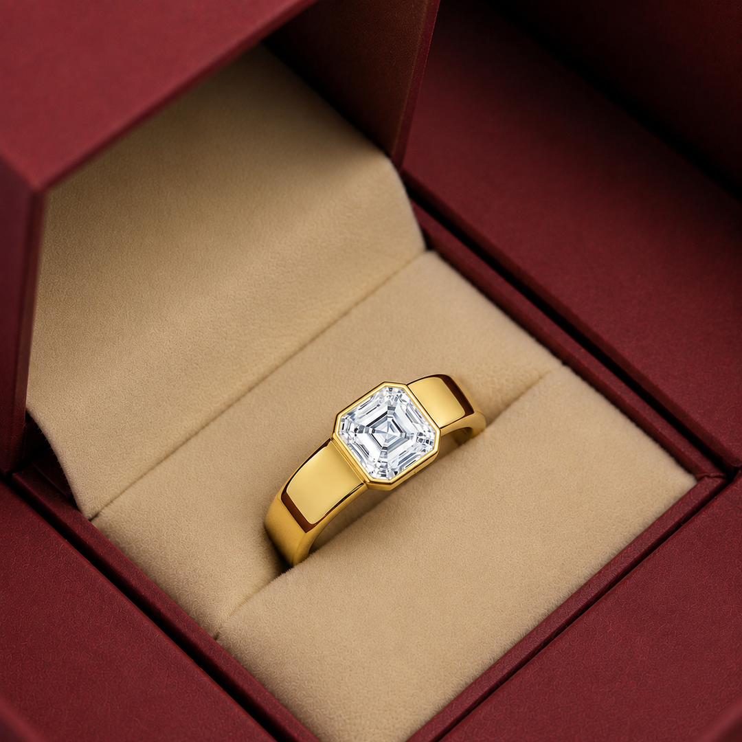 4mm Cigar band Bezel set Solitaire Ring in Yellow Gold