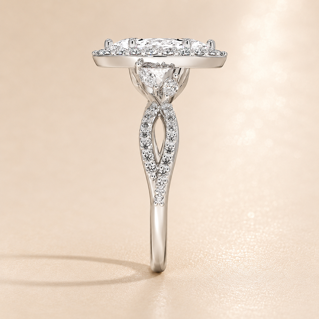 Vine band Halo Diamond Ring in Silver