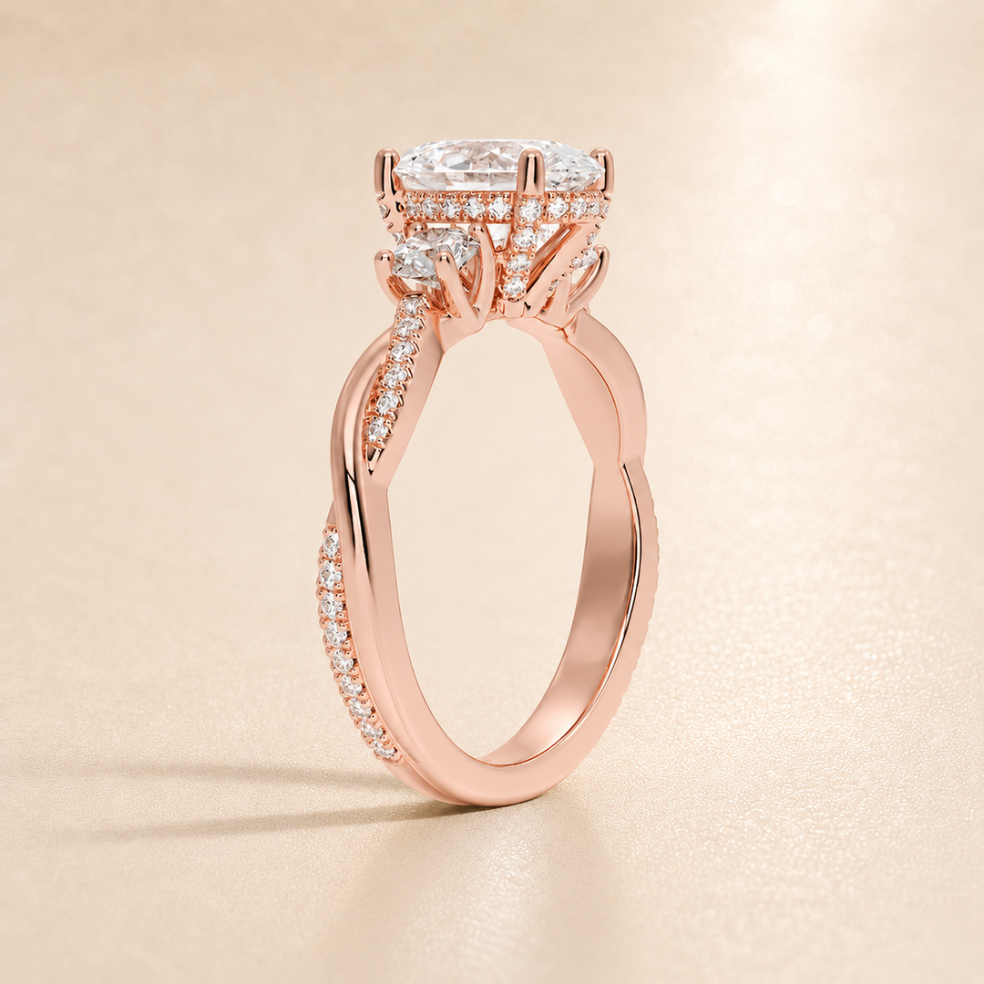 Twisted Vine Band Three Stone Ring in Rose Gold