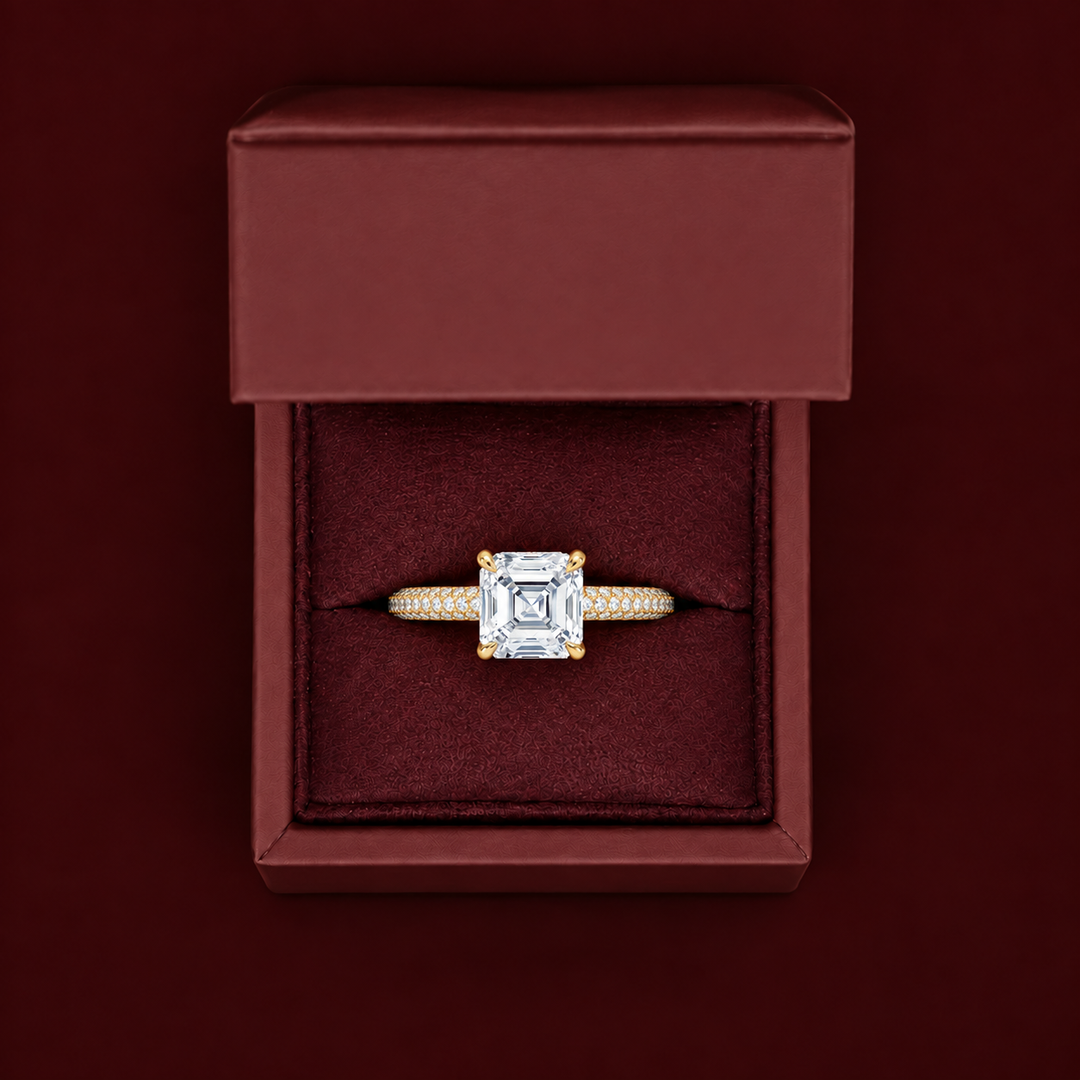 Micro Pave band Solitaire Ring in Yellow Gold