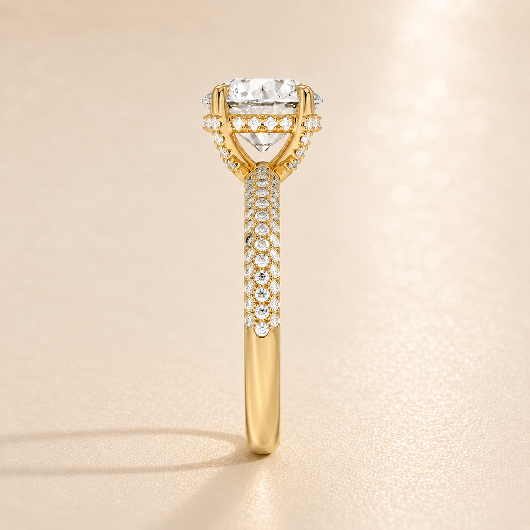 Micro Pave band Solitaire Ring in Yellow Gold