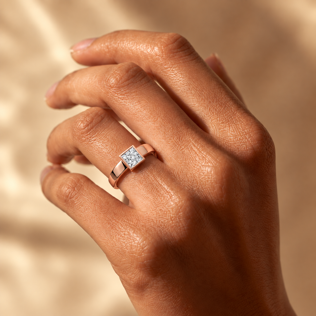 4mm Cigar band Bezel set Solitaire Ring in Rose Gold