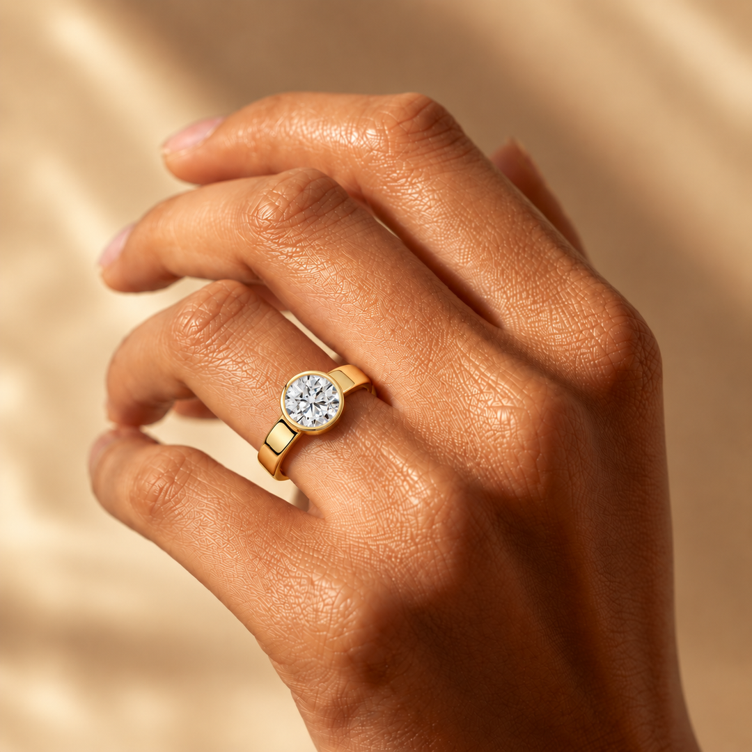 4mm Cigar band Bezel set Solitaire Ring in Yellow Gold