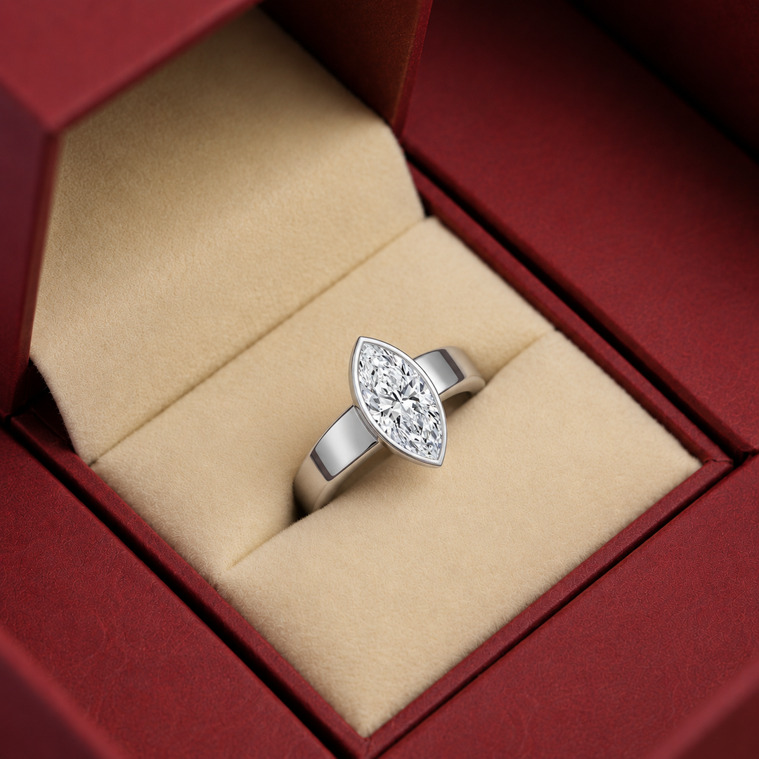 4mm Cigar band Bezel set Solitaire Ring in White Gold