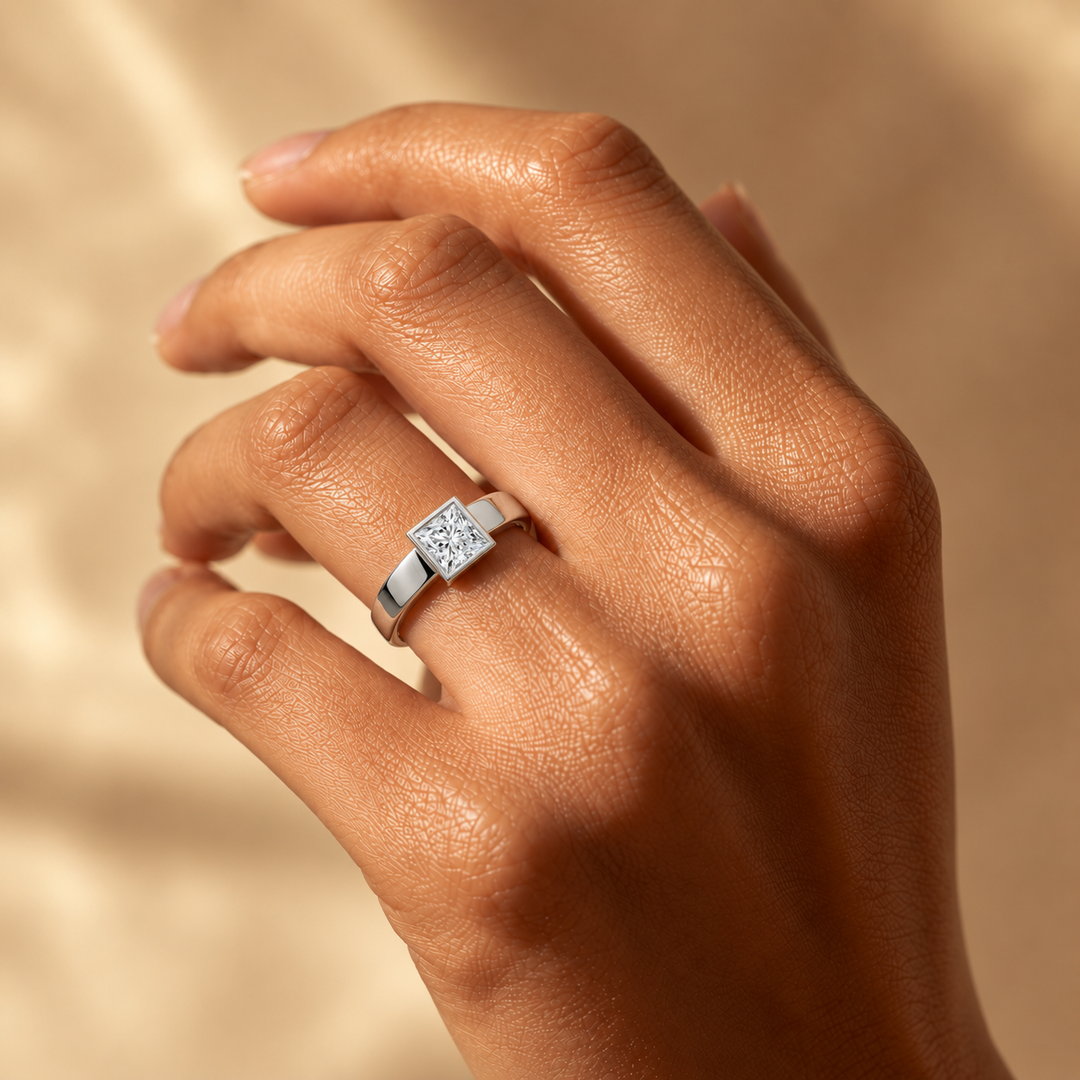 4mm Cigar band Bezel set Solitaire Ring in White Gold