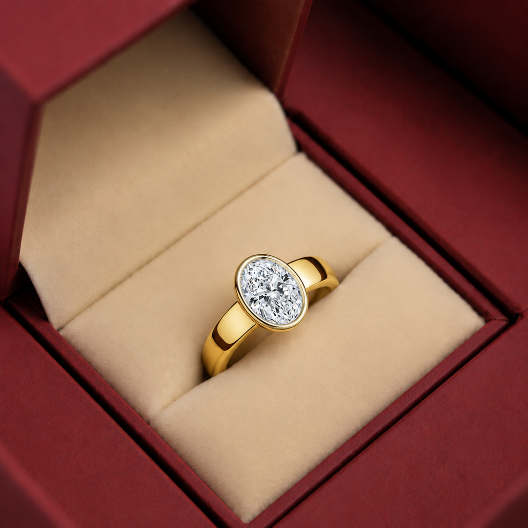 4mm Cigar band Bezel set Solitaire Ring in Yellow Gold